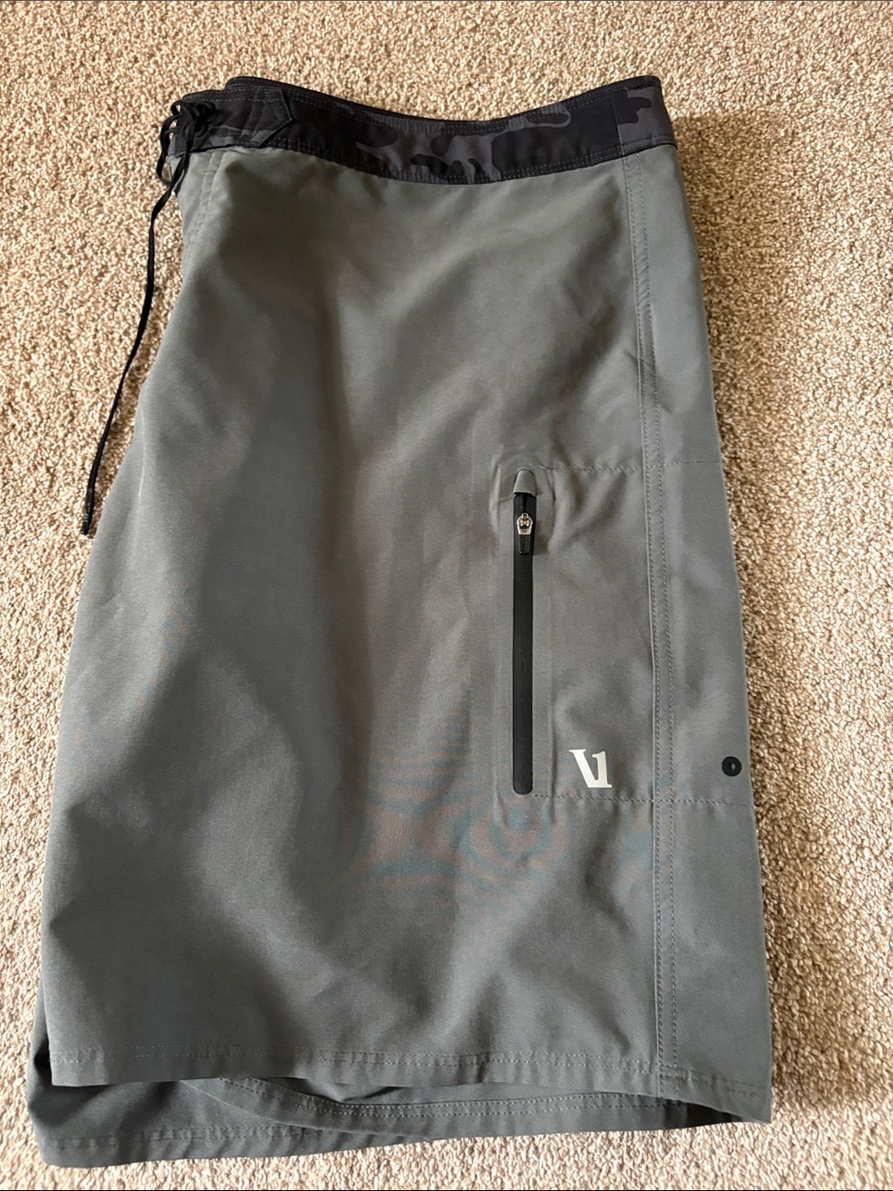 Vuori Men's Swim Board Shorts in Gray with Black Waistband
